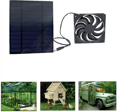 Vista 5 de Hyuduo Panel solar de 10 W, 10 W, doble ventilador, impermeable, panel solar para interiores y exteriores, con kit de ventilador de escape