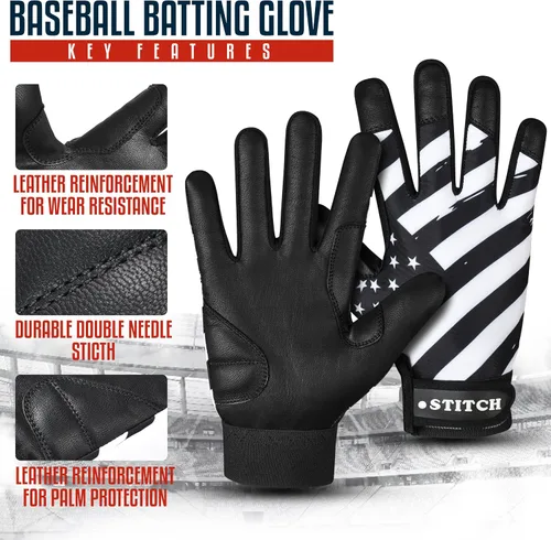 Vista 3 de Guantes de bateo Dot Stitch - Guantes de béisbol y sóftbol con bandera americana y bandera de EE. UU. para jóvenes, adultos y unisex