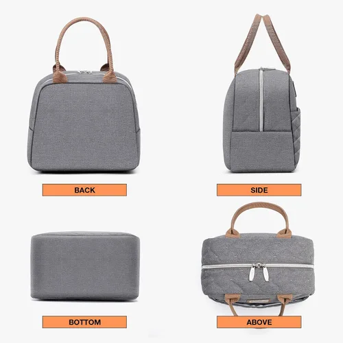 Vista 3 de Lekesky Lonchera para mujer, lonchera aislada, bonita bolsa de almuerzo a prueba de fugas para el trabajo de adultos, color gris