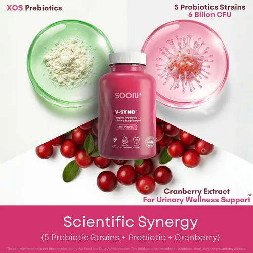 Vista 6 de SOON+ Probióticos vaginales para mujeres, V-Sync Probiótico vaginal con lactobacilo, arándano y prebióticos, apoya el equilibrio del pH