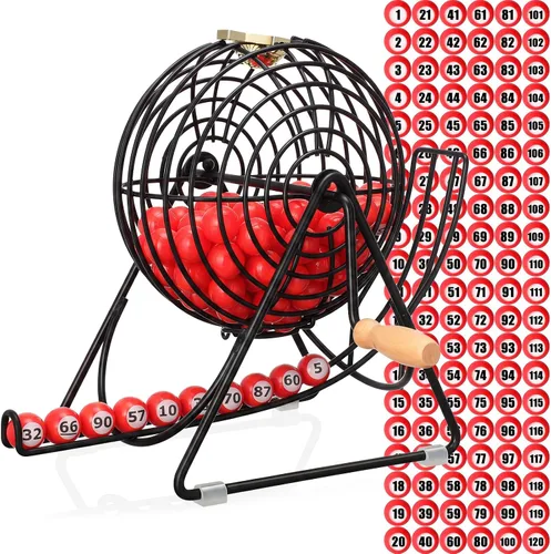 Vista 7 de Poen Juego de Lotería Bingo de 101 Piezas Incluye Jaula de 12 Pulgadas Números 1-100 Pelotas de Ventana de 0.9 Pulgadas Rifa para Noche