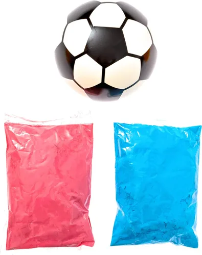 Vista 2 de Balón de fútbol con polvo para revelación de género, kit de pelotas de fútbol explosivas, incluye paquetes de color rosa y azul + carcasa de pelota