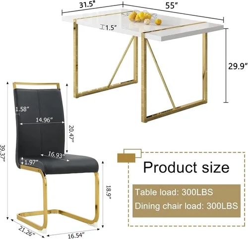 Vista 3 de Conjunto de mesa de comedor blanco Ebullient para 4, mesa rectangular de MDF y sillas de comedor de cuero sintético negro, juego de mesa de comedor