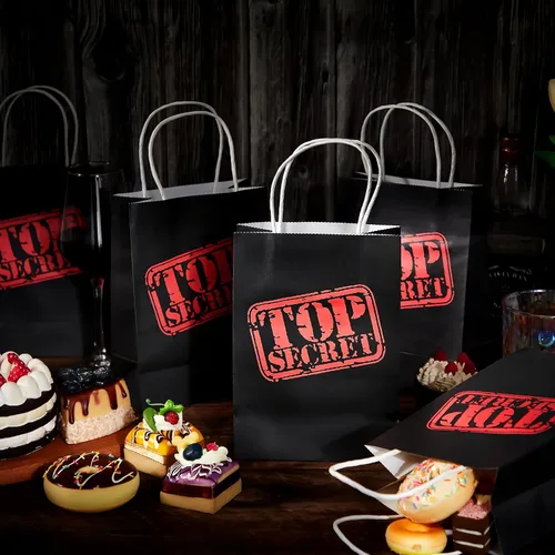 Vista 6 de Lincia 20 bolsas de regalo de espías Top Secret para fiesta, agente secreto misterioso, bolsas de papel kraft con asas, temática de espía