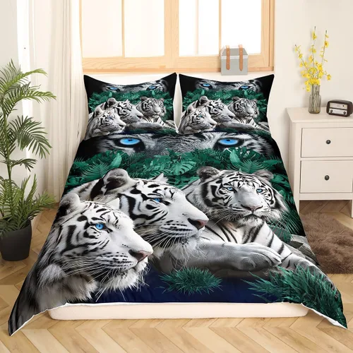 Vista 3 de Feelyou Juego de funda de edredón de tigre, diseño de animales salvajes, para niños y adultos, juego de funda de edredón de gatos safari, suave