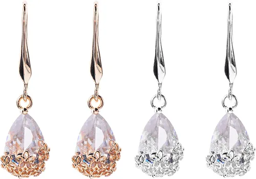 Vista 2 de Pendientes de aro con forma de gota y colgante, diseño vintage de gota de agua floral de metal con incrustaciones de circonita cúbica, joyería