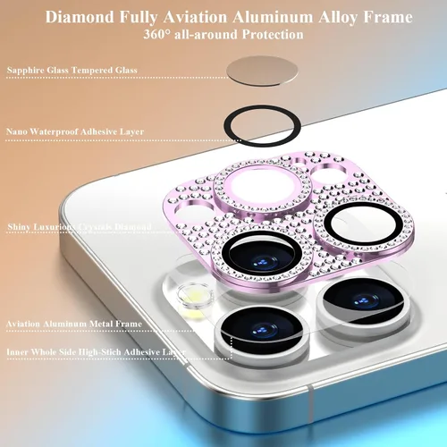 Vista 2 de Paquete de 2 fundas protectoras de lente de cámara con diamantes brillantes compatibles con 15 Pro/15 Pro Max, cobertura completa, protector