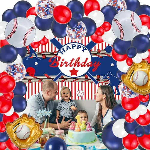 Vista 5 de Guirnalda de arco de globos de béisbol, 146 piezas de papel de aluminio de béisbol, guantes de látex de confeti rojo, blanco, azul marino, confeti