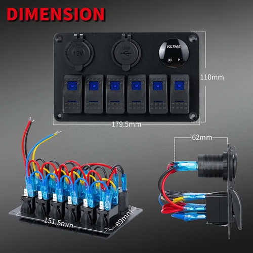 Vista 2 de DaierTek Panel de interruptores basculantes marinos de 6 bandas, impermeable, 12 voltios, panel de interruptor de palanca de barco de 12 V con luz