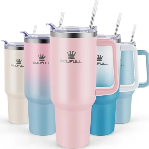 Vista 17 de Vaso de 40 onzas con asa y tapa con popote, taza de café de viaje 100% a prueba de fugas, taza aislada de acero inoxidable para bebidas frías