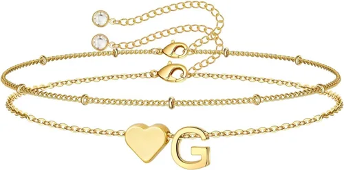 Vista 32 de M MOOHAM Pulseras de oro con inicial de corazón para mujer, pulseras con dije de letra A-Z de corazón dorado en capas para mujer, pulseras