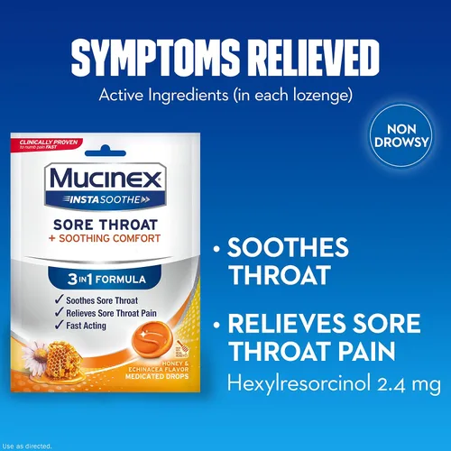 Vista 3 de Mucinex InstaSoothe Dolor de garganta + calmante sabor a miel y equinácea, acción rápida, potente analgésico oral para el dolor de garganta, 40