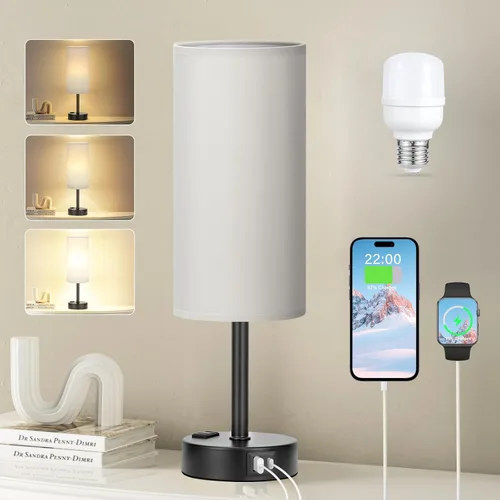 Vista 26 de Fenmzee Juego de lámparas de mesa pequeñas táctiles regulables de 2 a 3 vías, carga USB A + C, salida de CA, base de grano de madera, bombillas