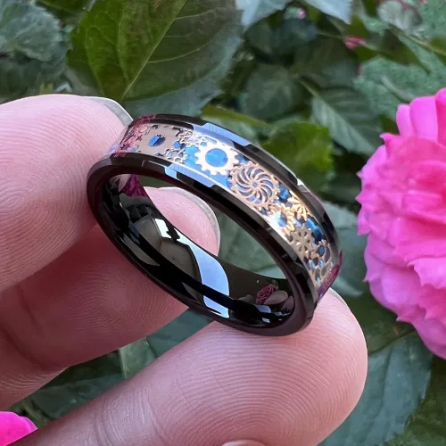 Vista 3 de Wow Jewelers - Anillo de tungsteno de 6 mm y 8 mm color negro, plateado, rojo y azul para hombres y mujeres, anillos de matrimonio estilo Steampunk