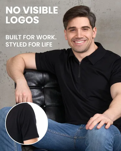 Vista 6 de 100% Merino Wool Polo Shirt Men - Quarter Zip Long and Short Sleeve Black