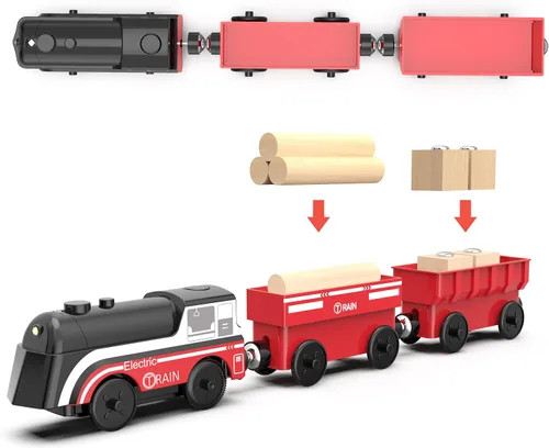 Vista 3 de Tren operado por batería para pista de madera, tren motorizado para niños de 3 años o más, set de juguete de 3 trenes eléctricos compatible