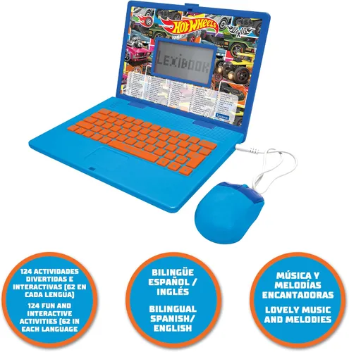 Vista 3 de Lexibook Hot Wheels, portátil educativo y bilingüe en inglés/español, juguete para niños con 124 actividades para aprender, jugar juegos y música
