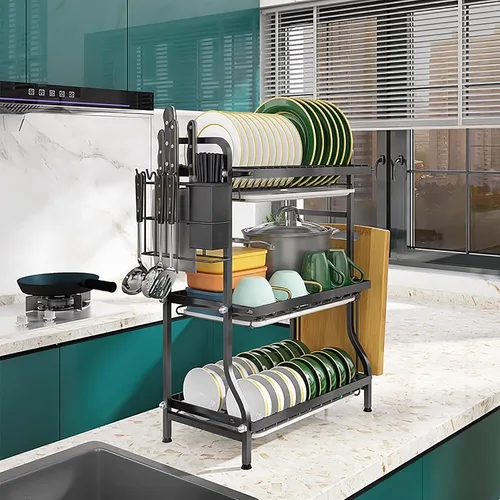 Vista 2 de Escurridor de platos que ahorra espacio de 2 niveles para encimera de cocina, bandeja escurridor de platos de acero inoxidable con soporte