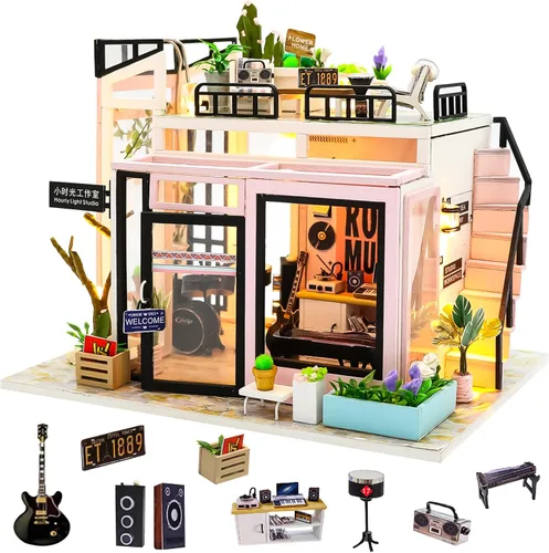 Vista 9 de Spilay DlY Kit de casa en miniatura, kit de casa de muñecas, kit de construcción de casa pequeña con caja de música, kit de casa de iniciatura
