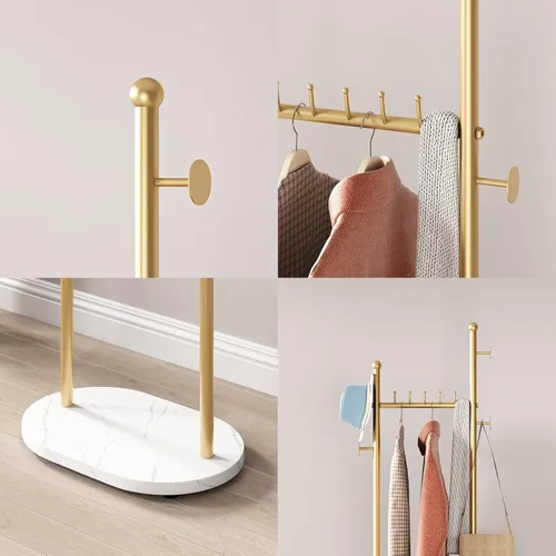 Vista 4 de Perchero de ropa dorado con estantes, perchero dorado independiente con base de mármol, perchero con árbol para sombreros y ropa de pie