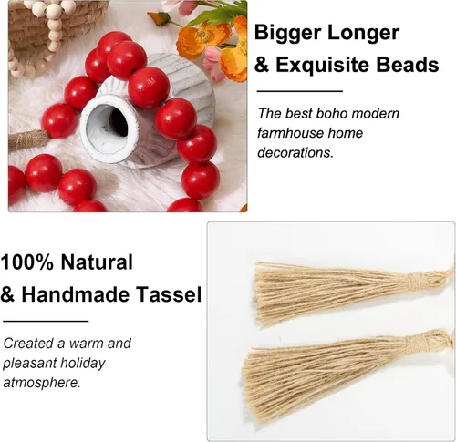 Vista 101 de OMISHE Guirnalda de cuentas de madera extra grande con cuentas de madera y borlas de 1.6 pulgadas de diámetro, cuentas decorativas rústicas de 41