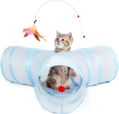 Vista 10 de Tempcore Túnel para gatos con tubo de juguete, túneles plegables de 3 vías para gatos, túneles para mascotas aburridas con agujero y pelota, juguete