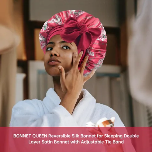 Vista 8 de BONNET QUEEN - Gorro de satén de seda para dormir de doble capa reversible para mujeres, gorro de cabello para dormir por la noche para cabello