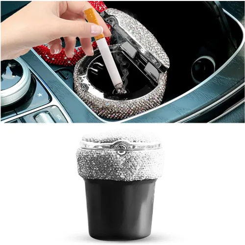Vista 8 de BESULEN Cenicero de automóvil con brillos, cenicero portátil con tapa, soporte para taza cilíndrica sin humo con indicador de luz LED, accesorios