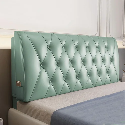 Vista 9 de Cabecera tapizada de piel sintética suave con botones para cama de tamaño doble/Queen/King, funda suave de soporte con cabecera, azul