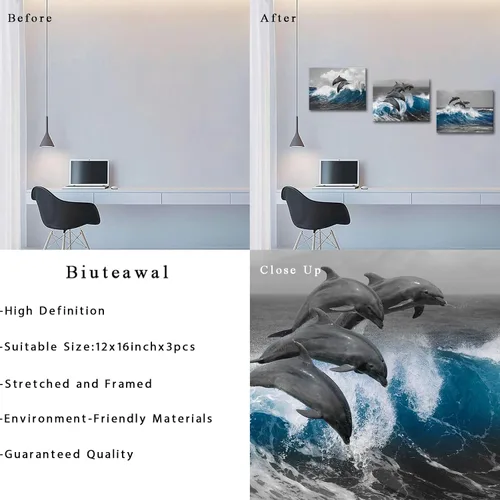 Vista 6 de Biuteawal 3 piezas de arte de pared de delfín gris azul océano océano animal imagen decoración de baño pintura marina impresiones sobre lienzo