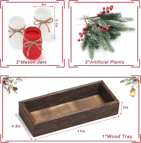 Vista 3 de Frascos Mason de Navidad, Centros de Mesa de Navidad para Mesas, Bandeja de Madera y 3 Frascos Decorativos Pintados, Decoración de Centros de Mesa 2