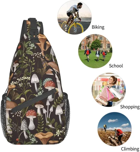 Vista 6 de Mochila cruzada de hongos para mujeres y hombres, bolsa de pecho para senderismo, camping, ciclismo, viajes, senderismo, ciclismo, Diseño de hongo