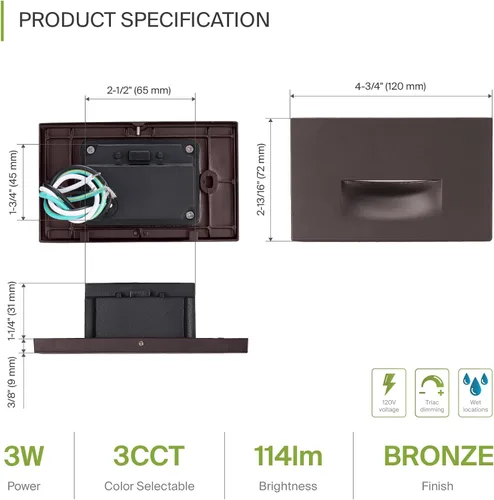 Vista 2 de ASD Lámpara LED Empotrada para Escalones, Iluminación de Peldaños para Escaleras de Exterior e Interior 3CCT, Regulable, Impermeable, Listado ETL