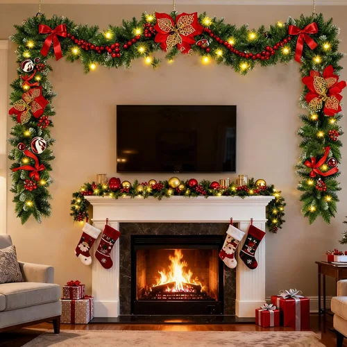 Vista 9 de Guirnalda de Navidad con luces, guirnalda de Navidad preiluminada de 9 pies con 30 luces LED para repisa, decoración de Navidad para interiores