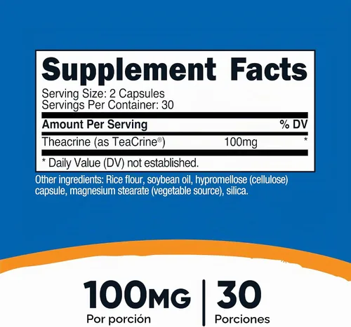 Vista 2 de Nutricost Teacrina como teacrina 100 mg por porción, 60 cápsulas, 30 Serv