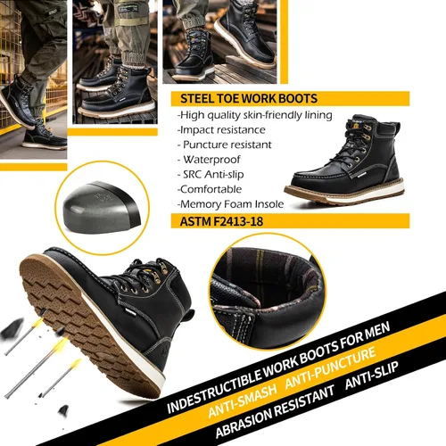 Vista 3 de KELODON Botas impermeables con punta de acero para hombres, botas de trabajo de cuero de 6 pulgadas, botas de construcción indestructibles, botas