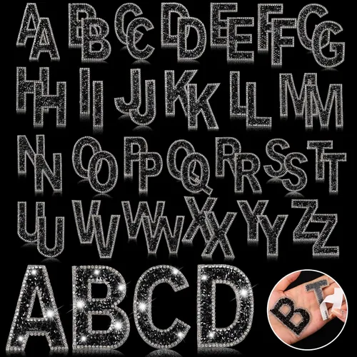 Vista 21 de Yinder 26 piezas de pegatinas de letras con purpurina y diamantes de imitación, diamantes de imitación para planchar, letras autoadhesivas A-Z Negro
