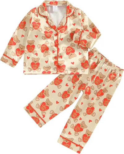 Vista 23 de Conjunto de pijama de satén para bebés y niños pequeños, pijamas de manga larga con botones para niñas 4 de julio