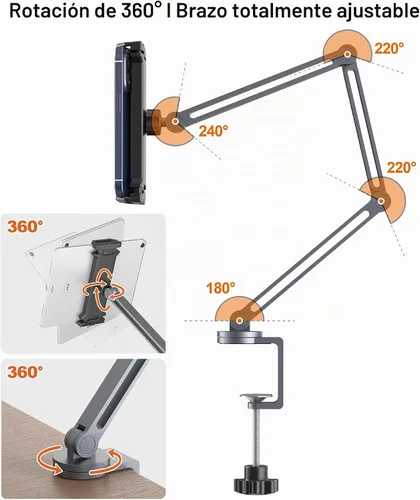 Vista 3 de YICOSUN Soporte de brazo para tableta con súper agarre, soporte plegable ajustable y abrazadera giratoria de aluminio resistente de 360° para iPad