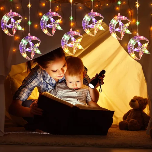 Vista 7 de Geelin Decoraciones de Ramadán para el hogar, tira de luces LED Eid para ventana, 3 pies, 4 pilas de luna y estrella y luces de Ramadán alimentadas