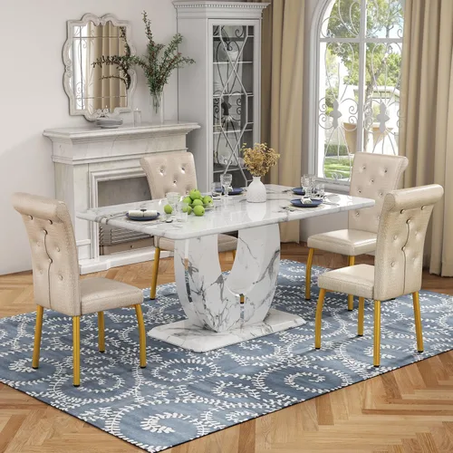 Vista 2 de Moderno juego de mesa de comedor de mármol sintético para 4, mesa de cocina rectangular blanca de 63 pulgadas con elegante base de pedestal