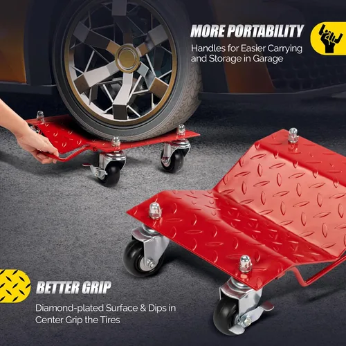 Vista 5 de TUFFIOM Juego de 4 carros para automóvil, 8000 libras de capacidad, carrito de vehículos resistentes, patines de neumáticos de acero con frenos