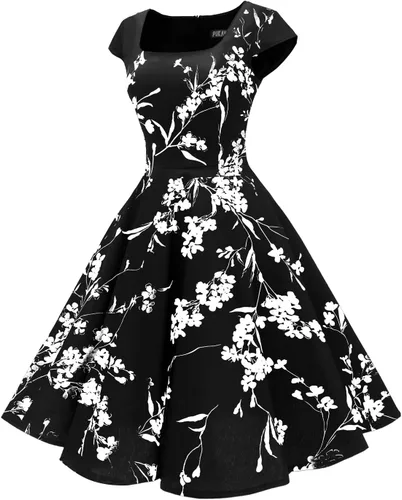 Vista 5 de PUKAVT - Vestido de cóctel para mujer, diseño con manga casquillo, vestido de fiesta de estilo retro acampanado de los años 1950, con bolsillos