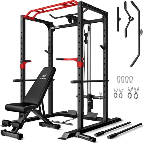 Vista 14 de Jaula de potencia JELENS, banco multifunción S11 con capacidad de 2000LBS, barra para sentadillas con sistema de poleas ajustable y más accesorios