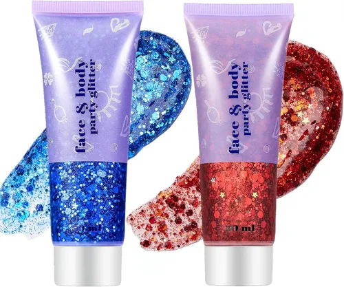 Vista 34 de Go Ho Brillantina azul para rostro y cuerpo, pintura facial azul de Halloween, gel brillante de sirena, lentejuelas gruesas holográficas para ojos