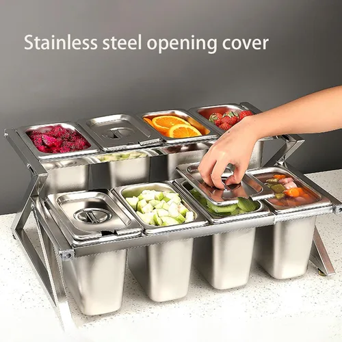 Vista 3 de Bandeja para servir condimentos de dos capas, 8 recipientes de condimentos de acero inoxidable con tapas y cucharones, juego de recipientes
