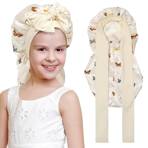 Vista 16 de Gorro de pelo largo para niños para dormir - Gorro de satén elástico de doble capa para niñas con banda de amarre para cabello trenzado y rizado
