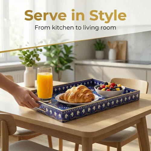 Vista 7 de Bandeja decorativa para servir con asas, 15.7 x 11.8 pulgadas, bandeja rectangular de plástico con patrón de mandala azul, bandeja de mesa auxiliar