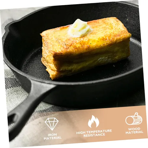 Vista 7 de Sartén antiadherente de hierro fundido grueso con mango y tabla de madera, sartén para cocinar carne y huevos para el hogar, cocina, conducción