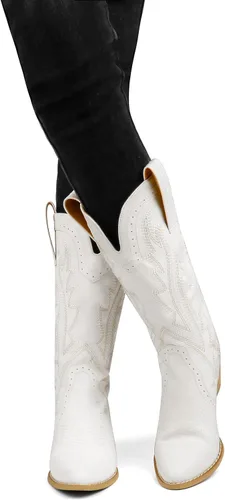 Vista 5 de MERUMOTE Botas de tobillo cortas de vaquero occidental para mujer, zapatos bordados, botas de invierno